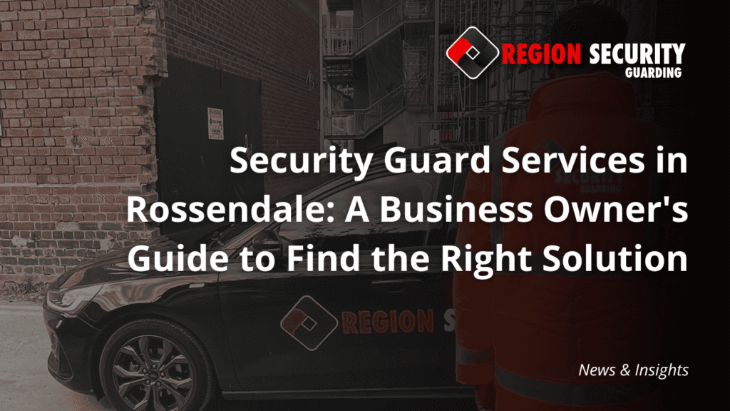 A security guard standing next to a branded patrol car in an urban setting, representing security guard services Rossendale.
