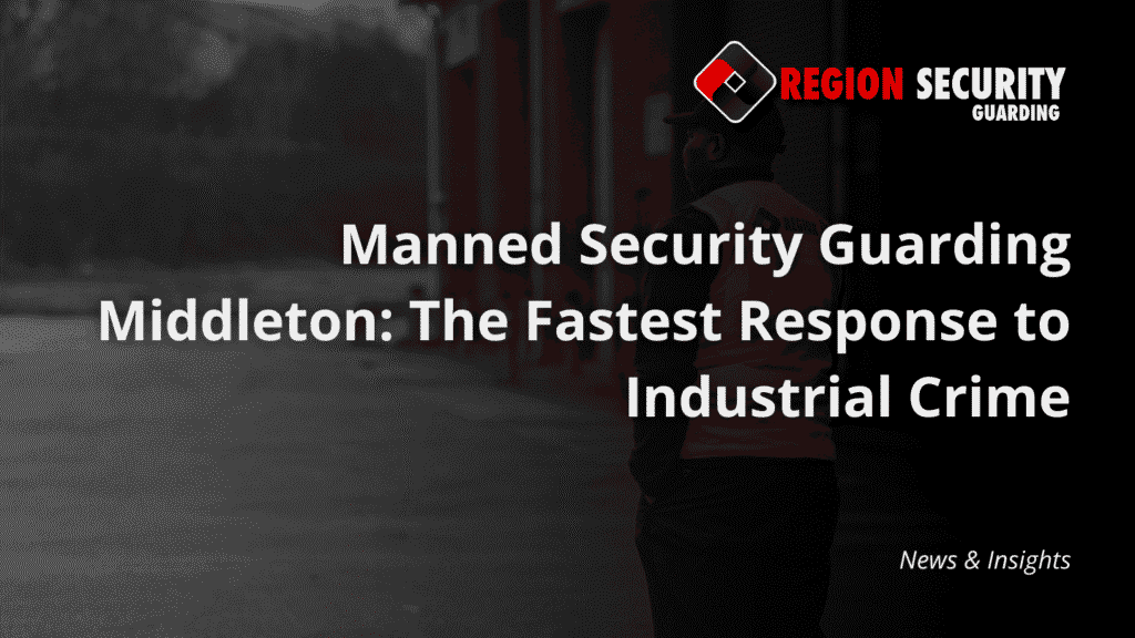 A security guard standing watch over an industrial area at dusk, representing manned security guarding Middleton for industrial sites.