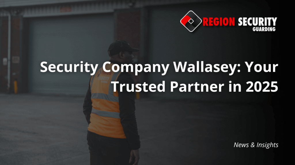 A security guard, wearing an orange high-visibility vest, stands outside a large warehouse, representing the on-site presence of a security company Wallasey.