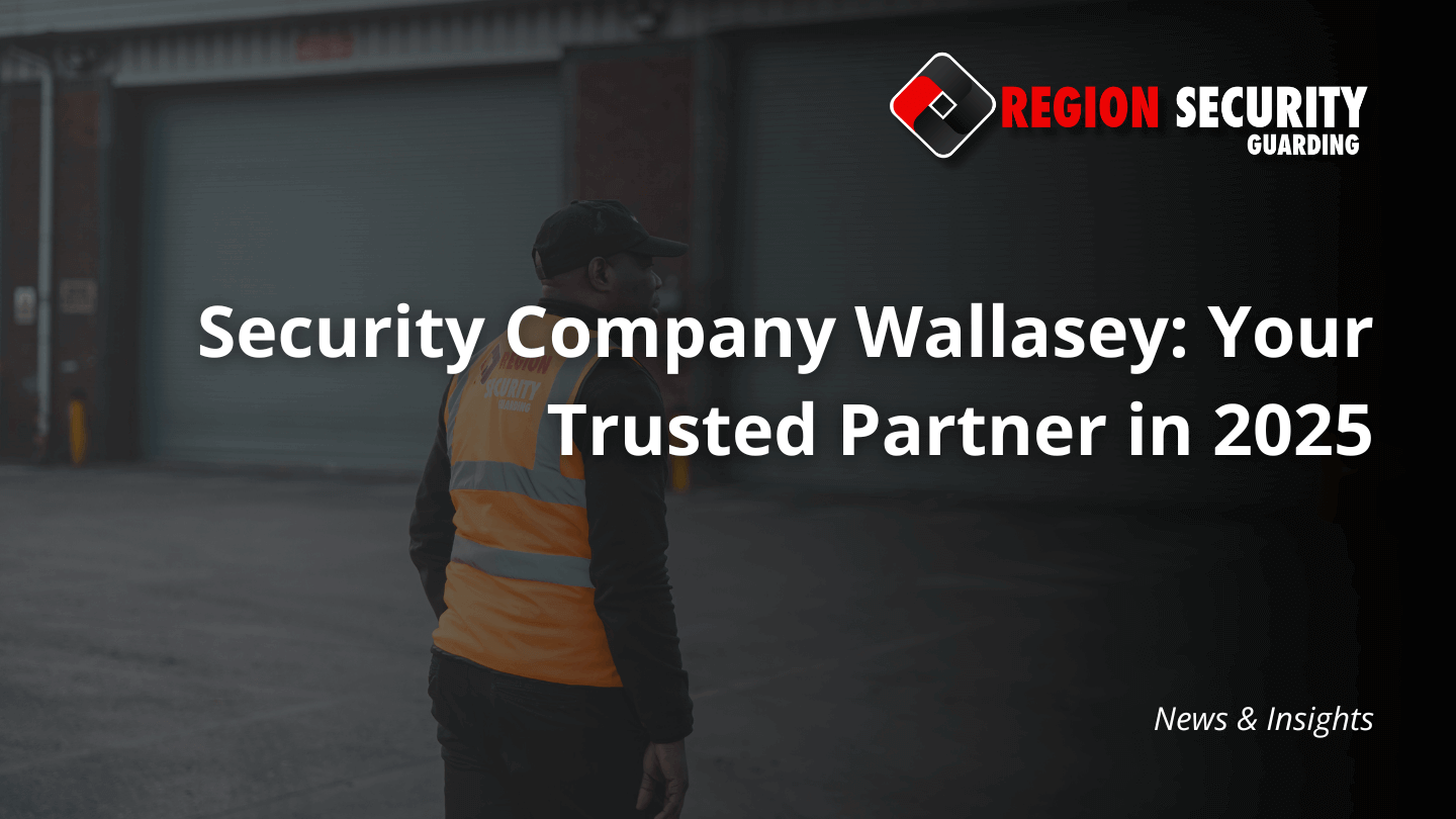 A security guard, wearing an orange high-visibility vest, stands outside a large warehouse, representing the on-site presence of a security company Wallasey.