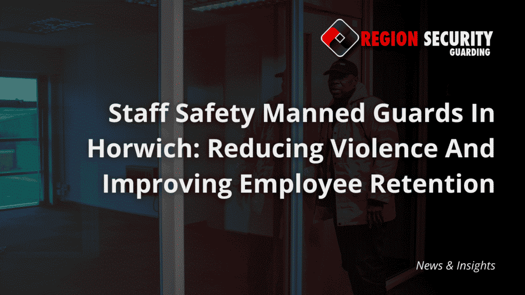 A security officer at a workplace entrance, providing a visible presence for staff safety manned guards in Horwich.