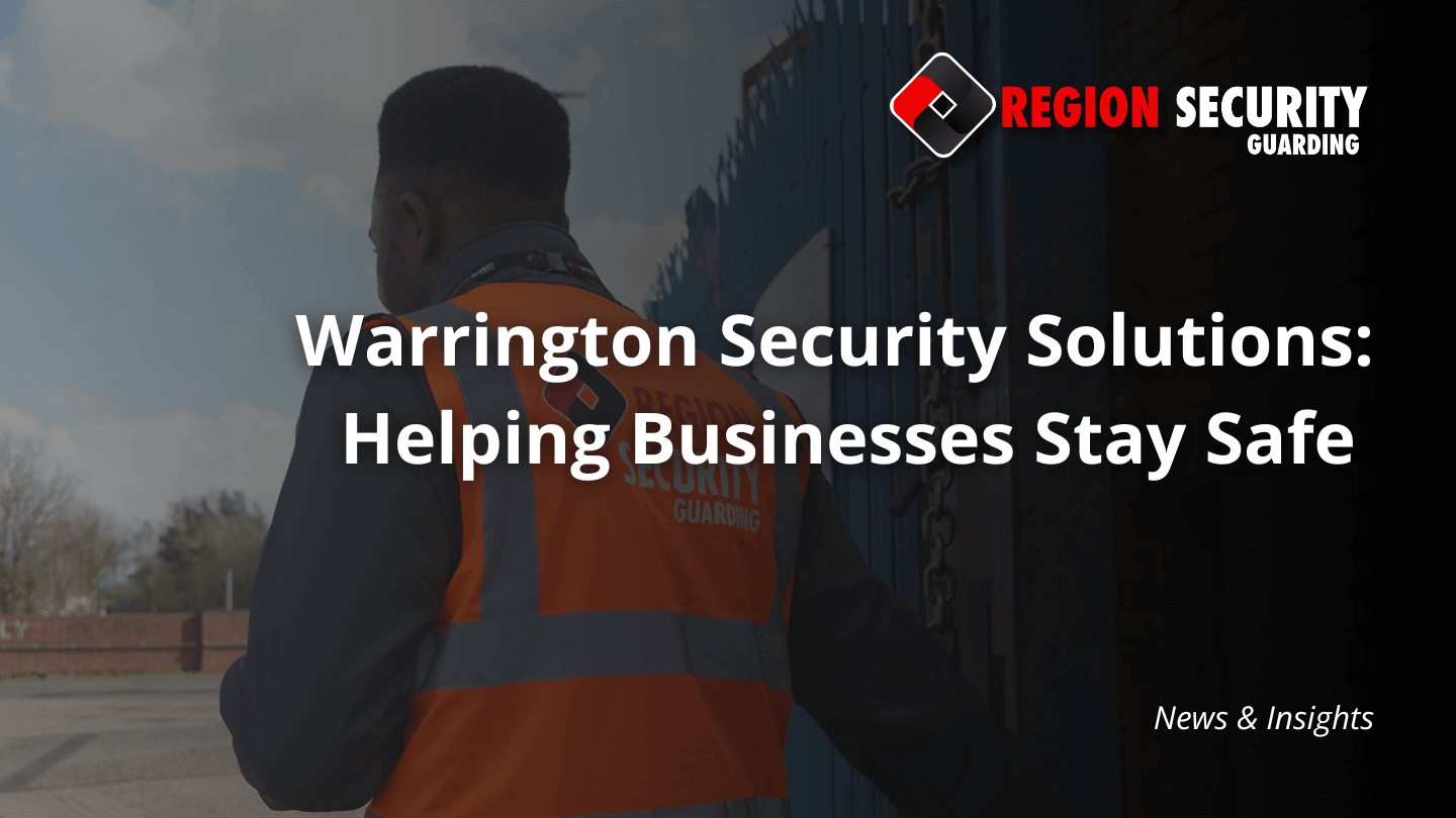 A security officer is shown on patrol at a gated entry point. This illustrates a key component of Warrington Security Solutions for businesses and commercial sites.