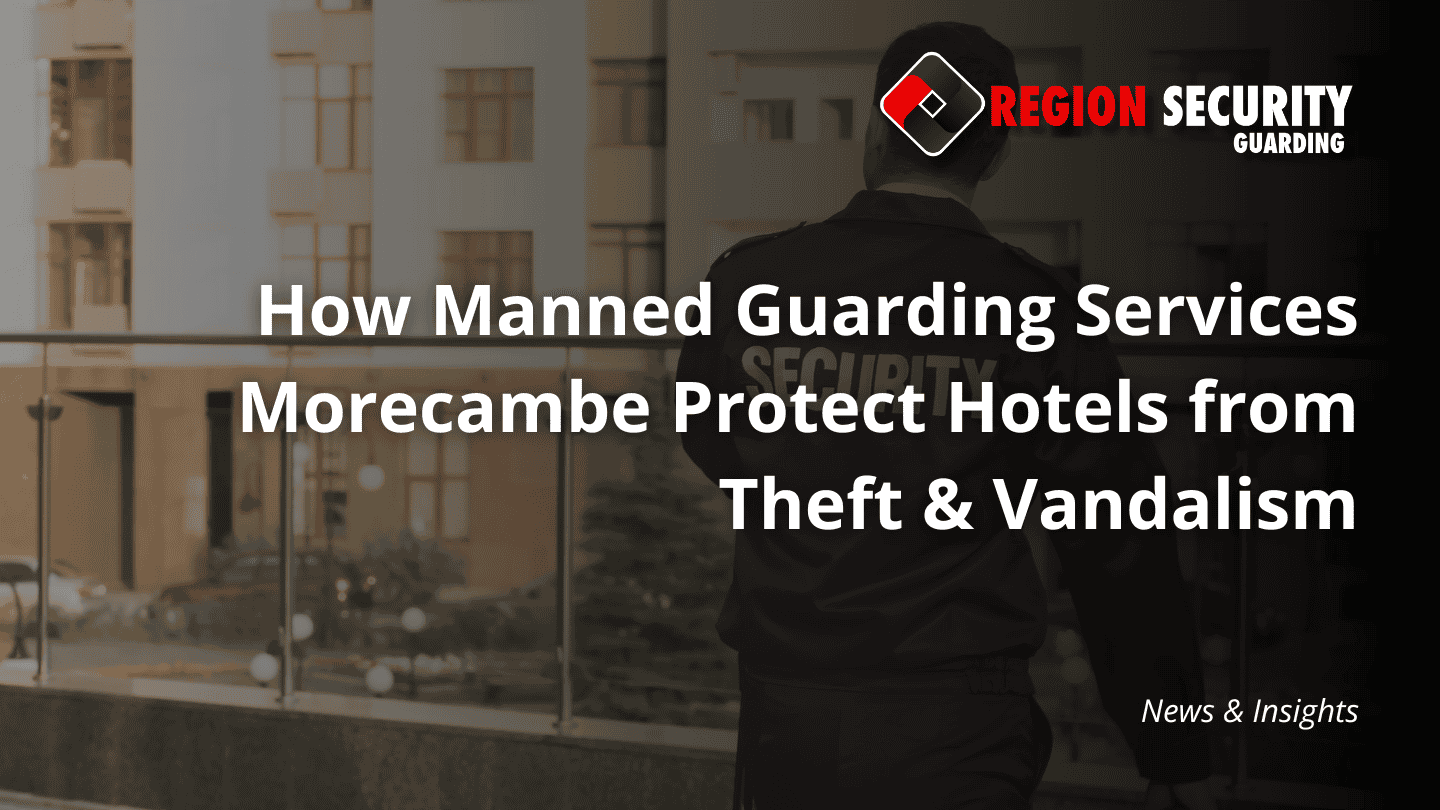 A uniformed security guard patrols a hotel, ensuring manned guarding services Morecambe protects guests and property.