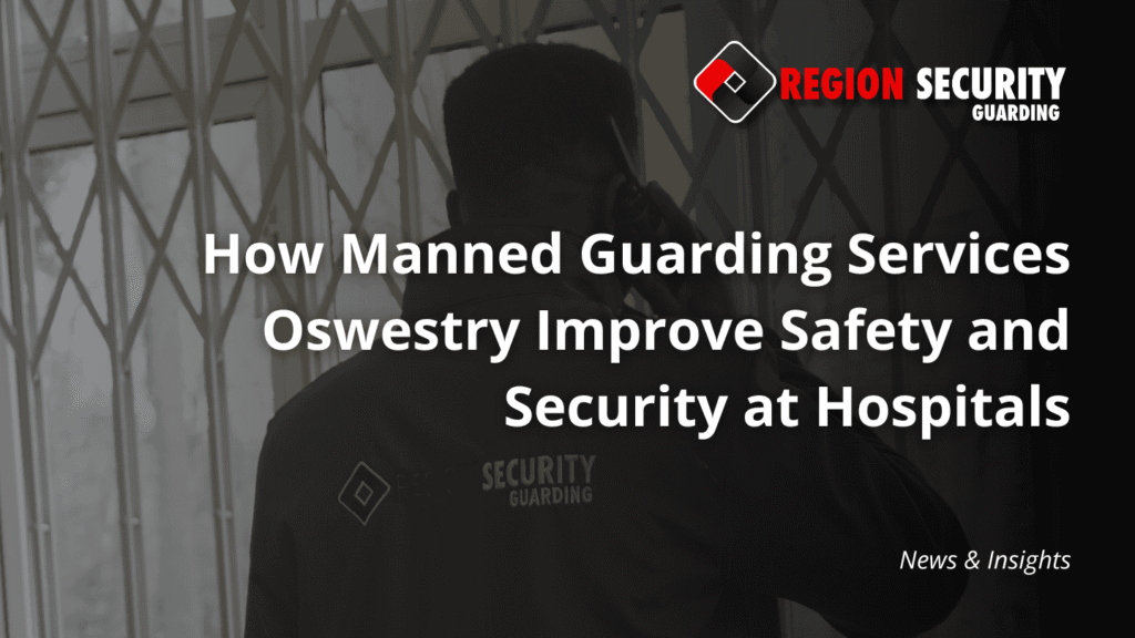 A uniformed security guard speaking on a radio at a healthcare entrance, providing professional manned guarding services Oswestry to a hospital environment.