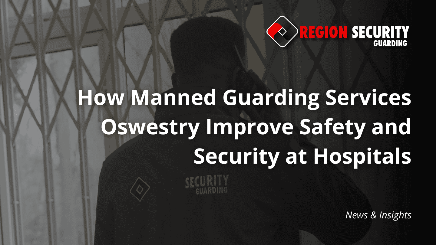 A uniformed security guard speaking on a radio at a healthcare entrance, providing professional manned guarding services Oswestry to a hospital environment.