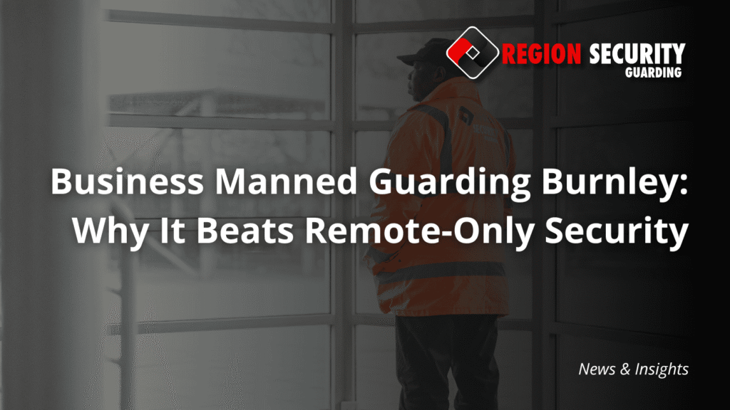 An image promoting business manned guarding Burnley, showing a professional guard patrolling an interior entrance of a commercial site.