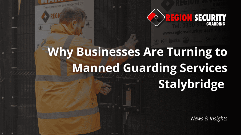 An image promoting manned guarding services Stalybridge, showing a security guard in uniform securing a gate.