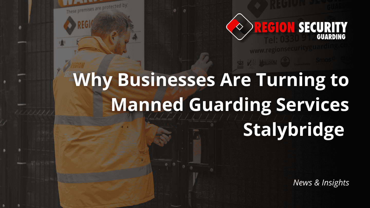 An image promoting manned guarding services Stalybridge, showing a security guard in uniform securing a gate.