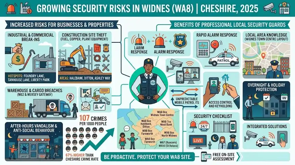Local security services in Widnes guarding a warehouse near the Mersey Gateway. Infographic shows crime stats, Foundry Lane hotspots, and mobile patrol trucks.
