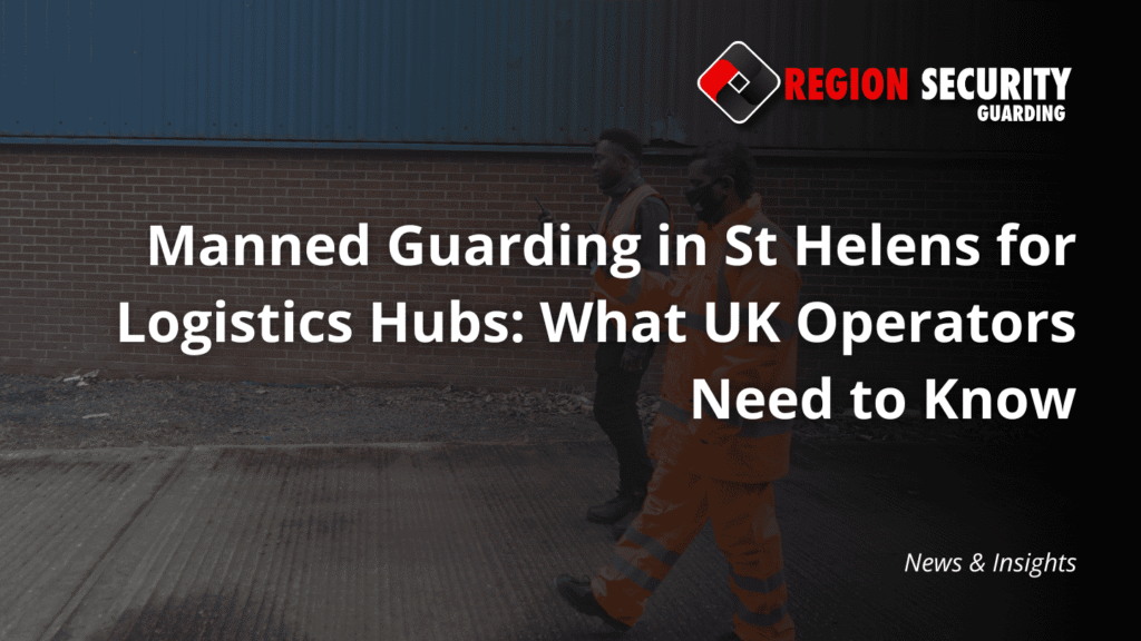Two uniformed security officers conducting a patrol, which is a core part of manned guarding in St Helens services for logistics and industrial sites.