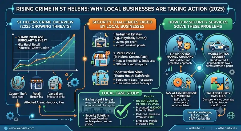 St Helens Security Services infographic showing rising business crime, tailored security solutions for businesses in St Helens.