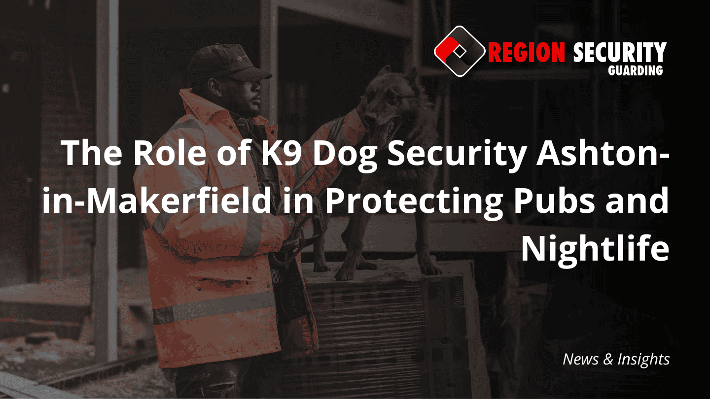 A guard in high-vis attire with their K9 dog security Ashton-in-Makerfield companion in a protective stance.