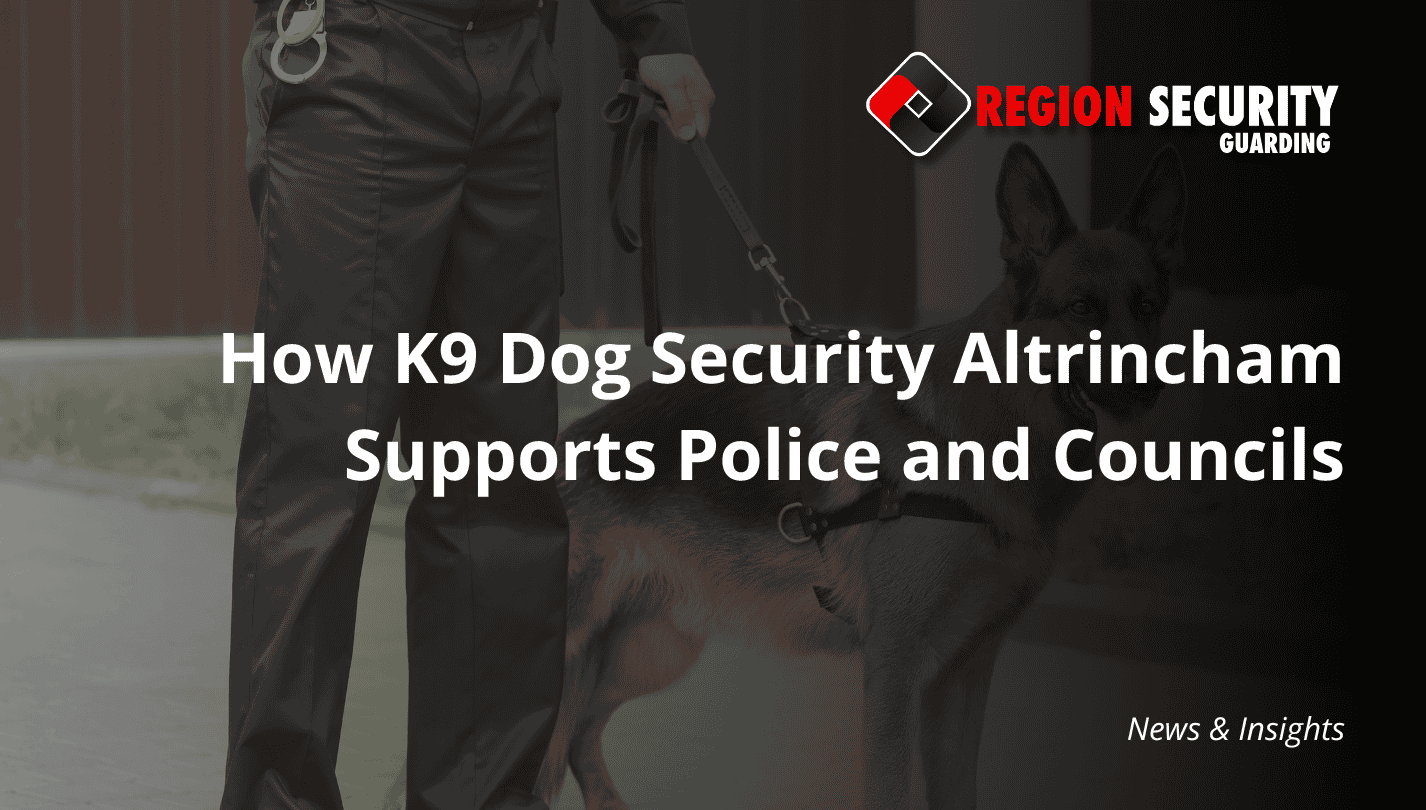 A handler for K9 dog security Altrincham is seen holding a leash with a security dog standing by their side, visible in an outdoor setting.