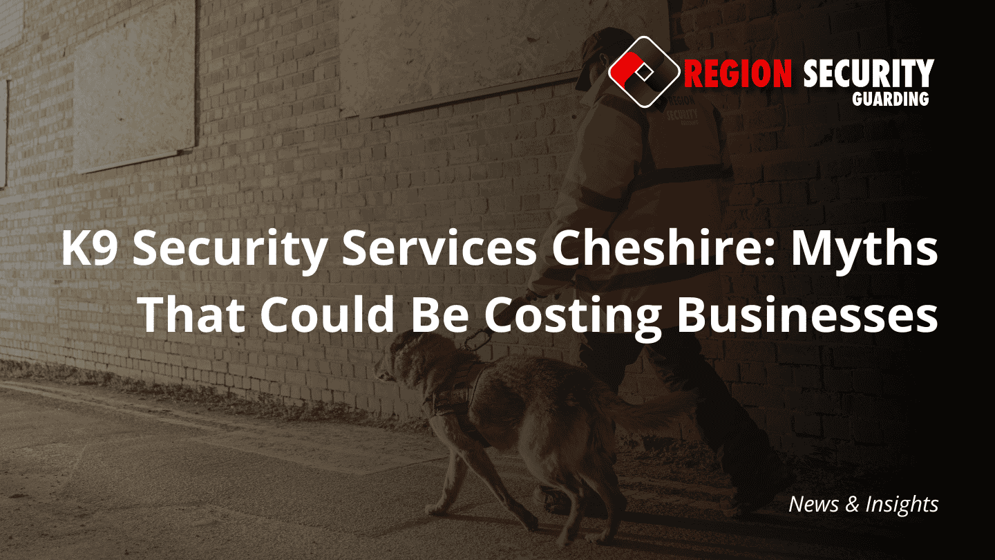 A professional security officer in a hi-vis jacket patrolling with a K9 security services Cheshire dog beside a brick wall and boarded-up window.