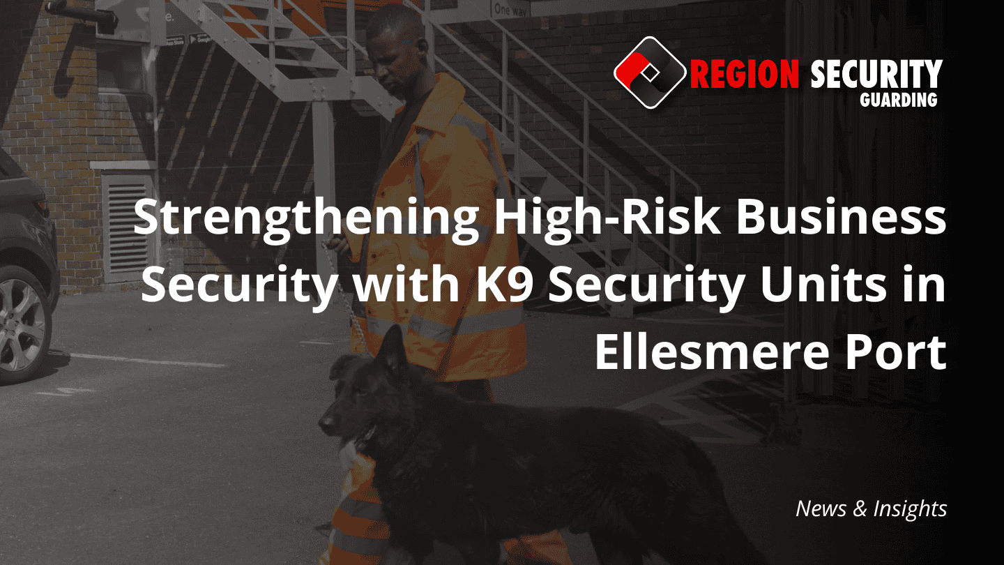 A security dog handler and a working dog patrolling a commercial or industrial area, representing K9 security units in Ellesmere Port.