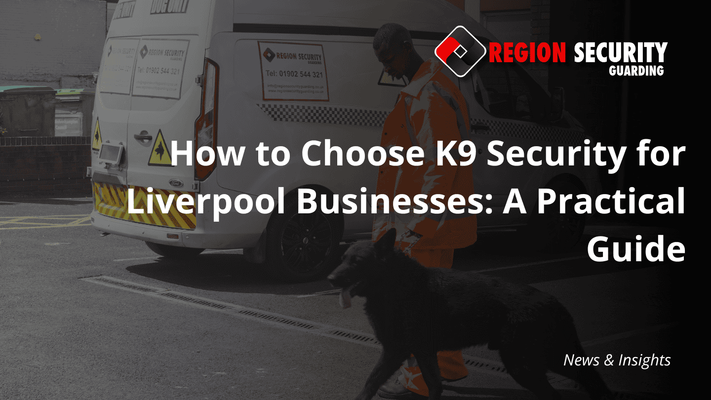 A security dog handler and dog walking past a branded vehicle, representing K9 security for Liverpool businesses.