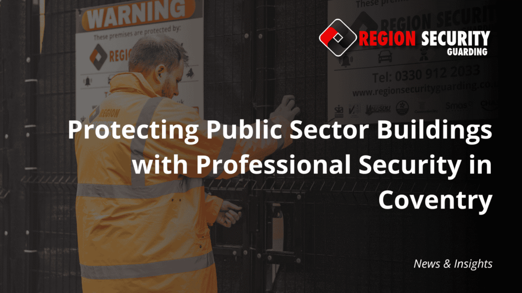 A security guard closing a gate with a visible “Warning” sign, showing the importance of public sector security Coventry.