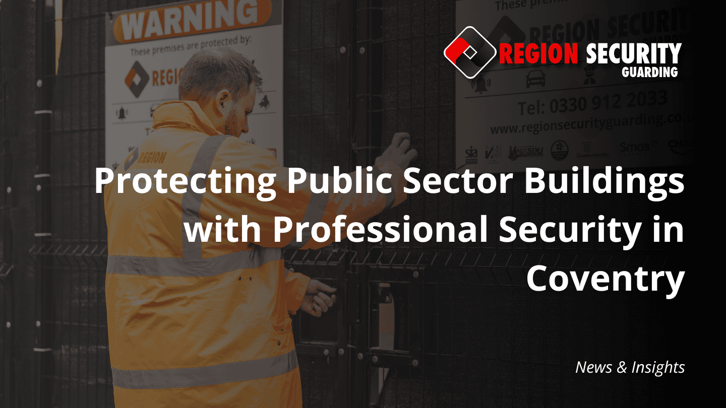 A security guard closing a gate with a visible “Warning” sign, showing the importance of public sector security Coventry.