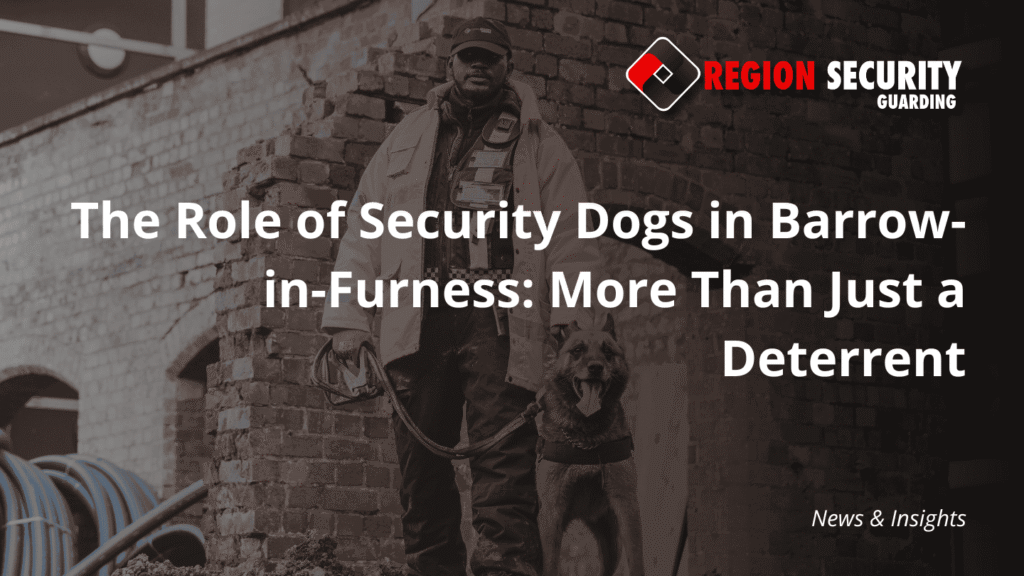 A security officer and their K9 partner are shown against a brick wall at a construction or industrial site, highlighting security dogs in Barrow-in-Furness.
