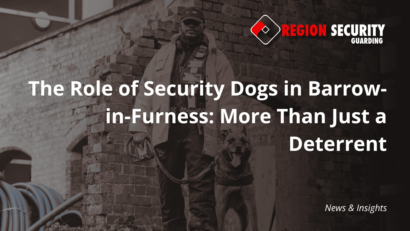 A security officer and their K9 partner are shown against a brick wall at a construction or industrial site, highlighting security dogs in Barrow-in-Furness.