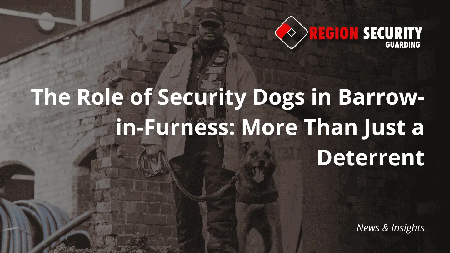 A security officer and their K9 partner are shown against a brick wall at a construction or industrial site, highlighting security dogs in Barrow-in-Furness.