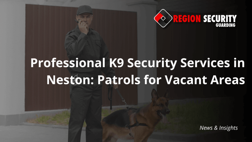 A security officer in a dark uniform communicating on a radio while conducting professional K9 security services in Neston with a German Shepherd dog on a lead.