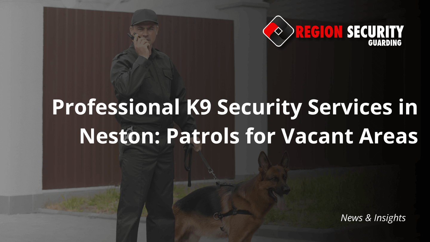 A security officer in a dark uniform communicating on a radio while conducting professional K9 security services in Neston with a German Shepherd dog on a lead.
