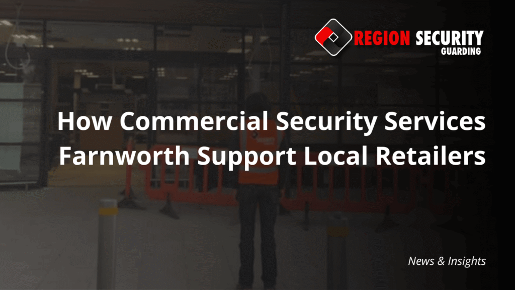 A security officer performing access control duties at the entrance of a large commercial facility, illustrating commercial security services Farnworth.