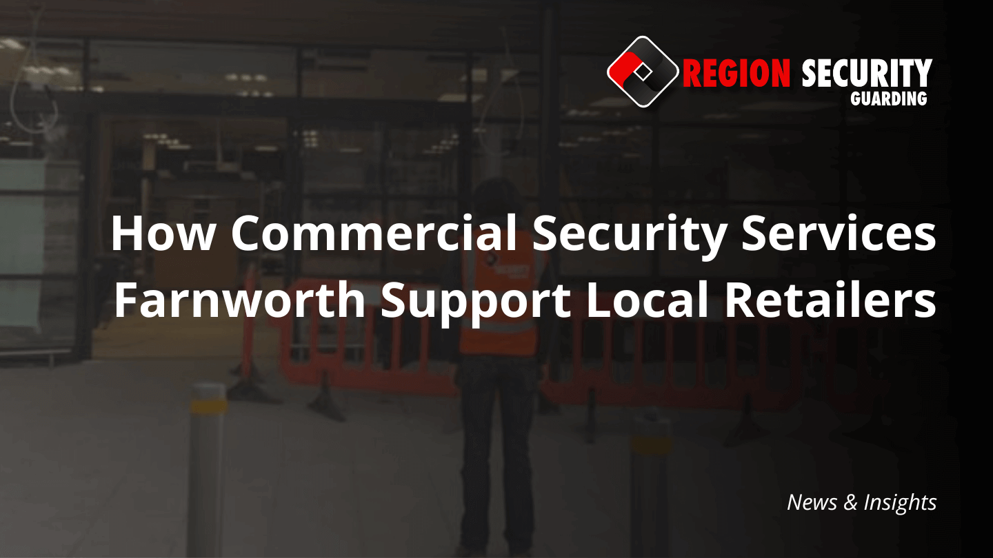 A security officer performing access control duties at the entrance of a large commercial facility, illustrating commercial security services Farnworth.