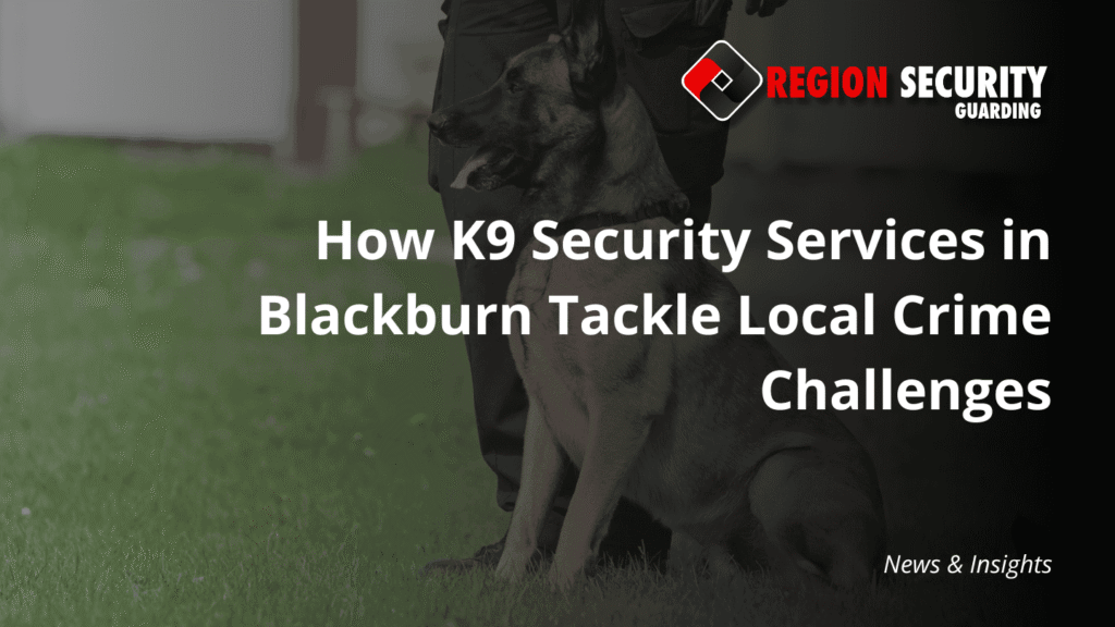 A working dog sits next to its handler's legs, representing K9 security services in Blackburn ready for patrol.