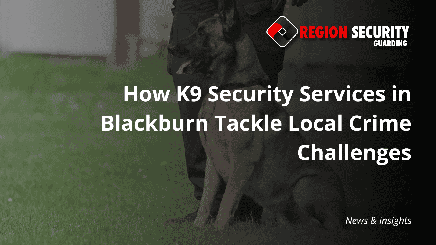 A working dog sits next to its handler's legs, representing K9 security services in Blackburn ready for patrol.