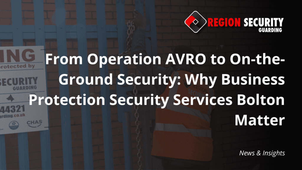 An image representing business protection security services Bolton, showing a professional guard securing the entrance to a commercial site.