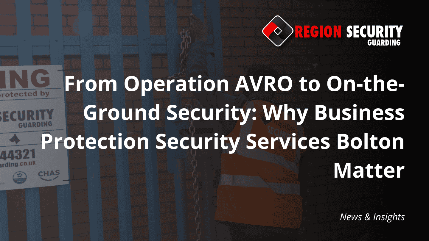 An image representing business protection security services Bolton, showing a professional guard securing the entrance to a commercial site.