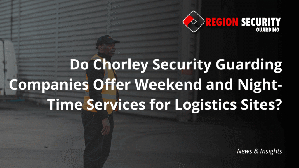 An officer wearing a black cap and uniform is actively patrolling a loading bay area, typical of services offered by Chorley security guarding companies.