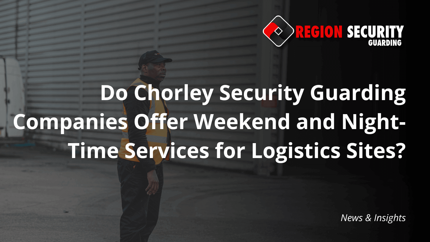 An officer wearing a black cap and uniform is actively patrolling a loading bay area, typical of services offered by Chorley security guarding companies.