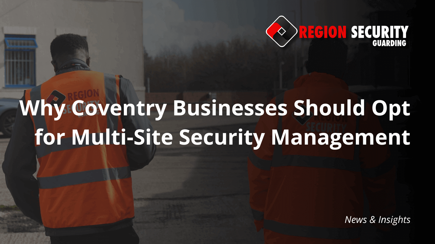Rear view of two uniformed security officers on patrol outside a commercial building, illustrating coordinated multi-site security management Coventry.