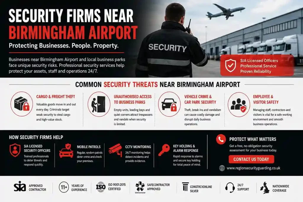 Infographic showing common security threats near Birmingham Airport and how professional security firms protect business parks, warehouses and commercial premises.