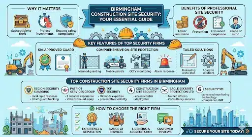 Infographic showing construction security firms in Birmingham, including CCTV monitoring, mobile patrols, manned guarding, and site protection benefits