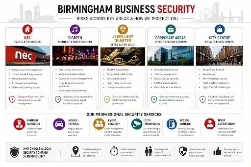Infographic showing Birmingham business security risks and security solutions across NEC, Digbeth, Jewellery Quarter, corporate areas, and city centre locations