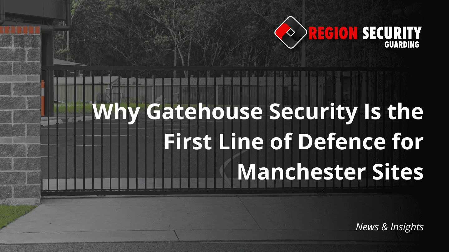 A large metal security gate standing in front of a site entrance, representing the effectiveness of professional gatehouse security for Manchester sites.