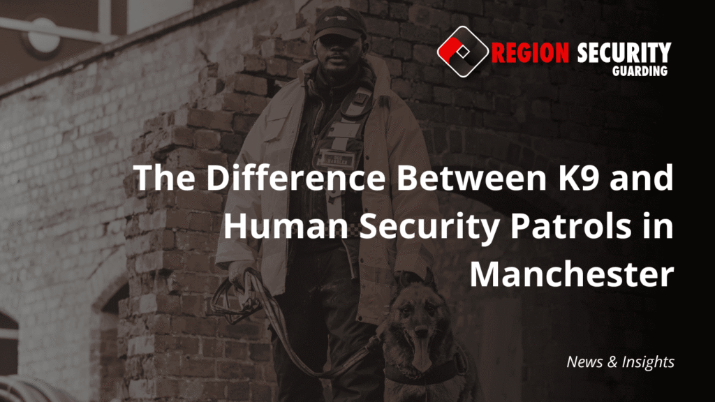 A professional handler in a uniform with their canine partner, demonstrating K9 security patrols vs human security guards in Manchester.