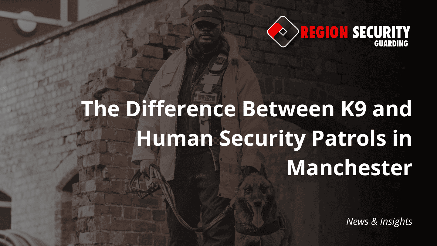 A professional handler in a uniform with their canine partner, demonstrating K9 security patrols vs human security guards in Manchester.