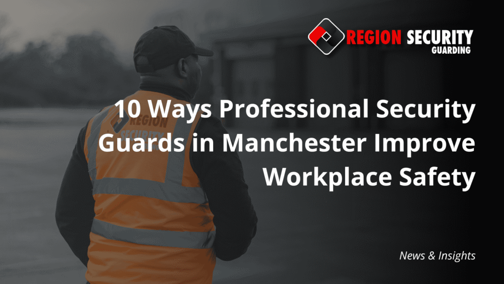 A professional security guard in an orange hi-vis vest stands on a commercial property, representing workplace security guards in Manchester.