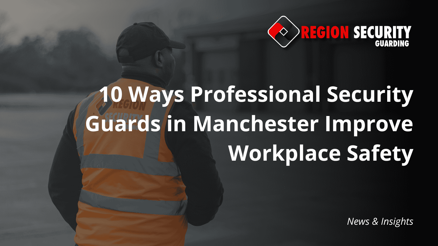 A professional security guard in an orange hi-vis vest stands on a commercial property, representing workplace security guards in Manchester.