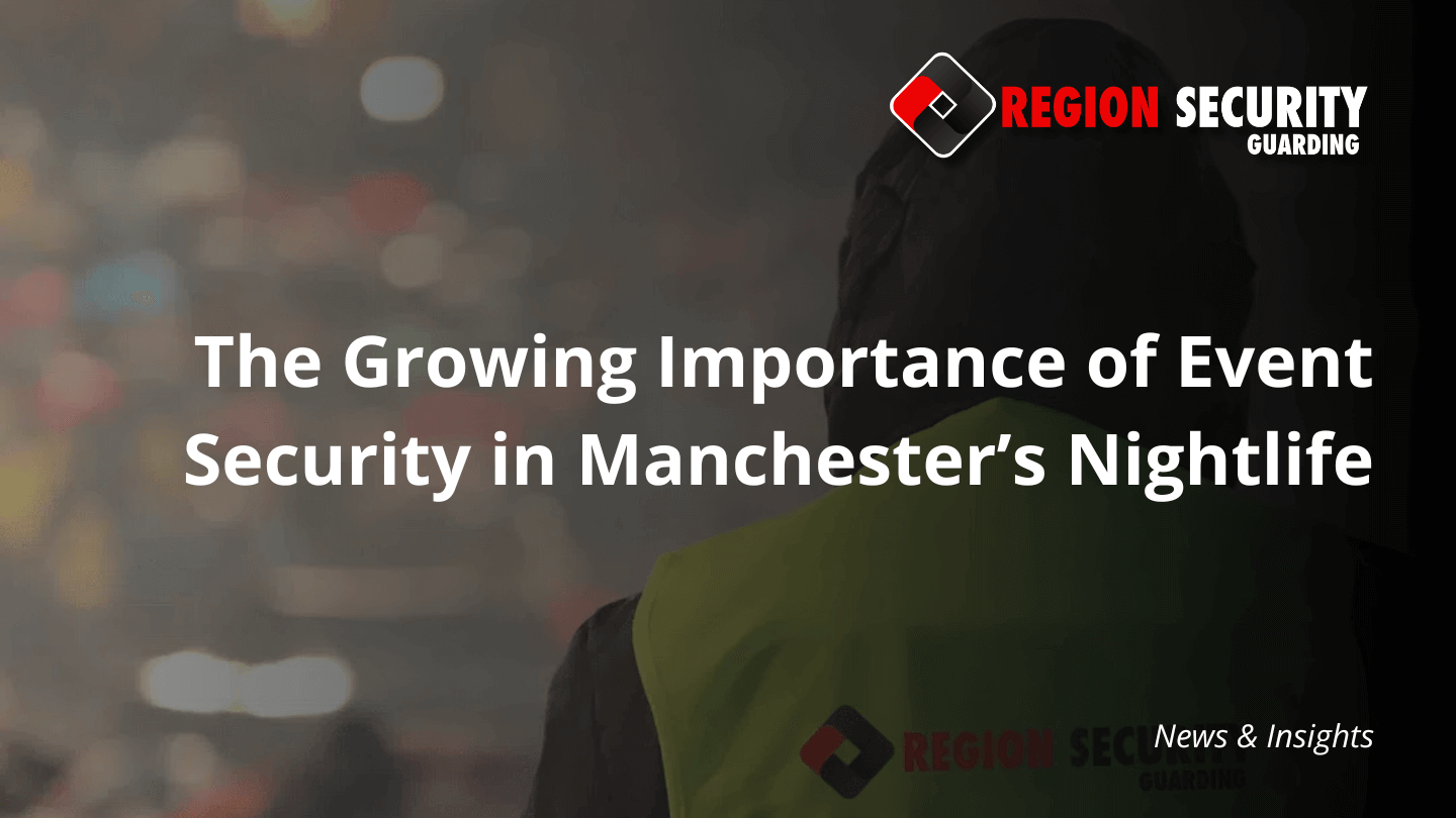 Back of a security guard in a high-vis vest in a crowded, low-light setting, reflecting the growing importance of event security in Manchester.