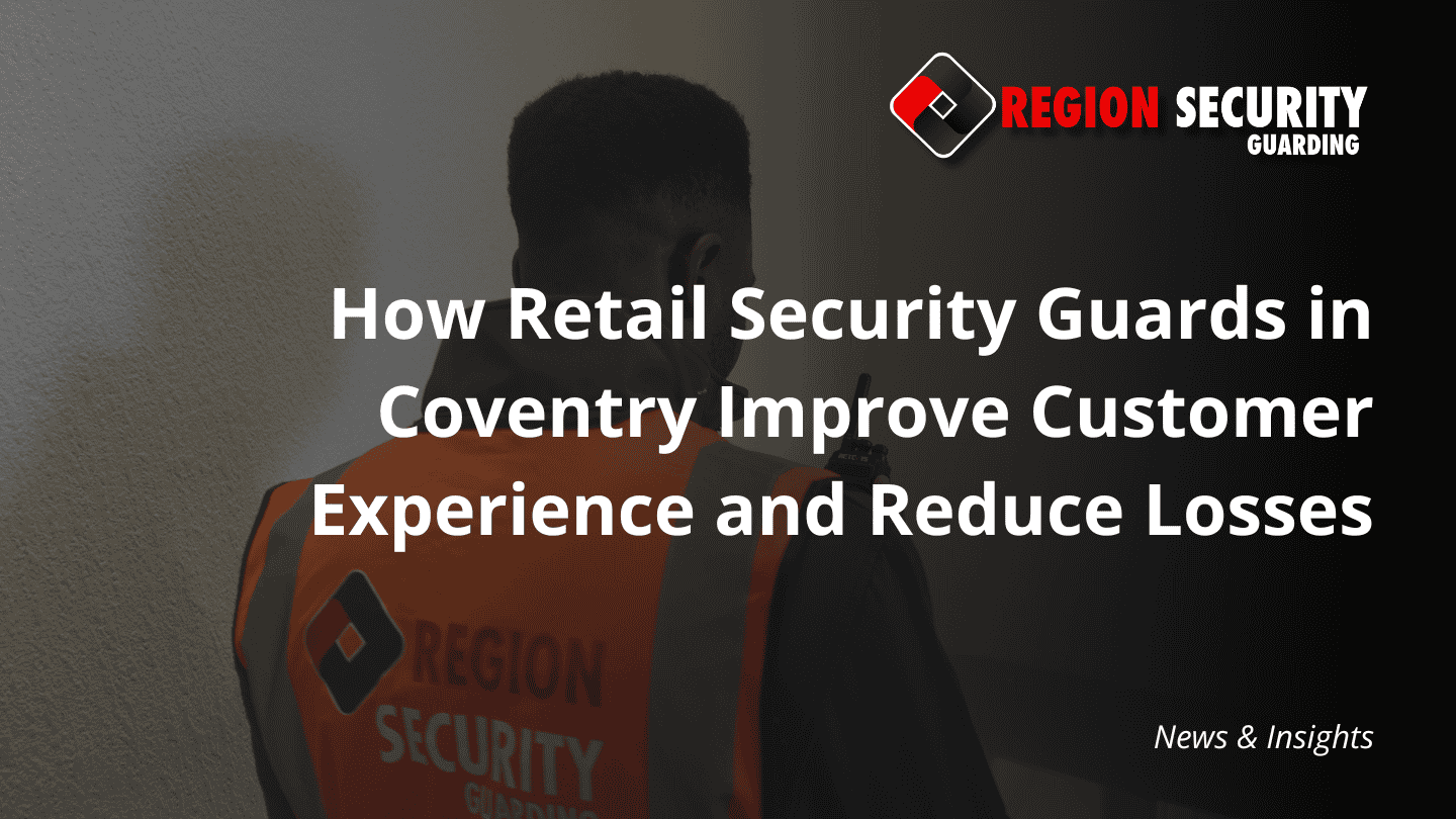 Rear view of a security guard in a branded high-visibility vest and holding a radio, dedicated to providing retail security solutions for small businesses in Coventry.