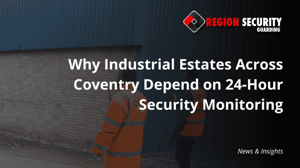 Two security officers communicating outside an industrial building, highlighting the importance of 24-hour security monitoring in Coventry.