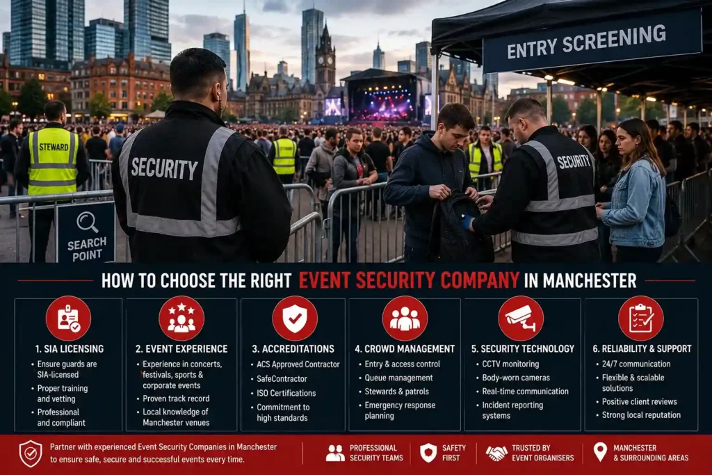 Event security officers conducting entry screening and crowd management at a large public event in Manchester