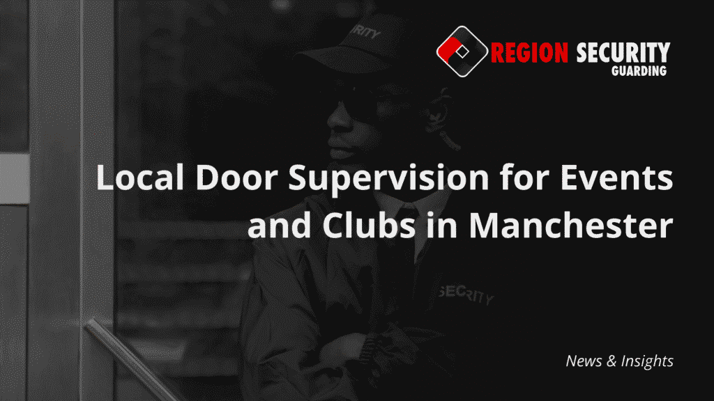 A close-up of an SIA-licensed security guard at a building entrance, highlighting the need for trusted door supervision for Manchester nightclubs.