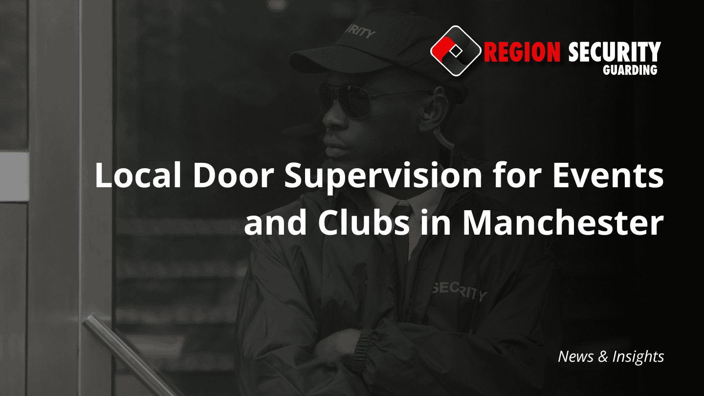 A close-up of an SIA-licensed security guard at a building entrance, highlighting the need for trusted door supervision for Manchester nightclubs.